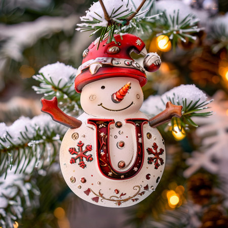 Christmas snowman on the background of the Christmas tree with a garlandの素材