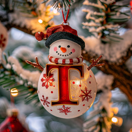 Christmas tree decoration with snowman and snowflakes on it.の素材