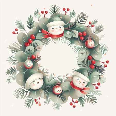 Christmas wreath with snowman and snowman. Vector illustration.の素材