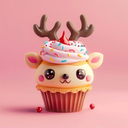 Cupcake with deer horns and sprinkles on a pink backgroundの素材