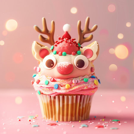 Cupcake with funny deer face on pink background with bokehの素材