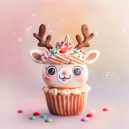 Cupcake with cute deer and colorful candies on pink backgroundの素材