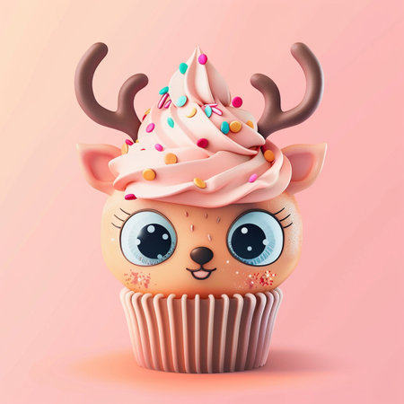 Cute cartoon deer cupcake with pink icing and sprinkles. Vector illustration.の素材