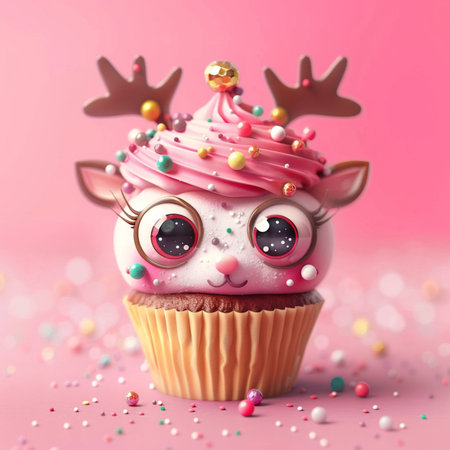 Cute unicorn cupcake with sprinkles on pink background, closeupの素材
