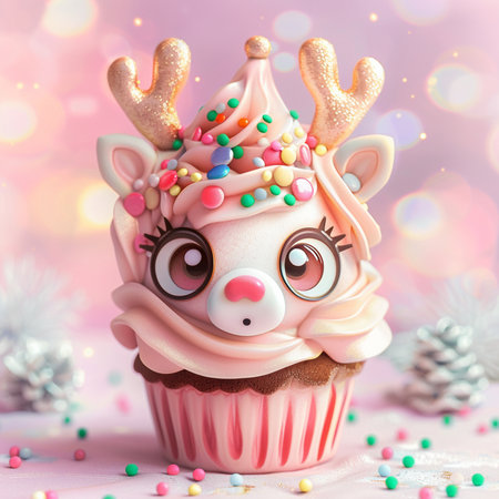 Cupcake with funny deer and marshmallows on bokeh backgroundの素材