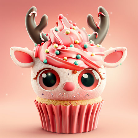 Cupcake with funny reindeer face, 3d illustrationの素材
