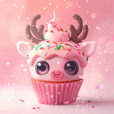 Cupcake with funny deer horns and sprinkles on pink backgroundの素材