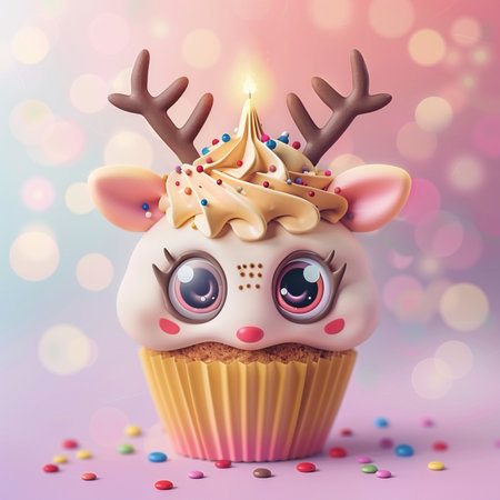 Cupcake with funny face, eyes, horns and confetti. 3d illustrationの素材