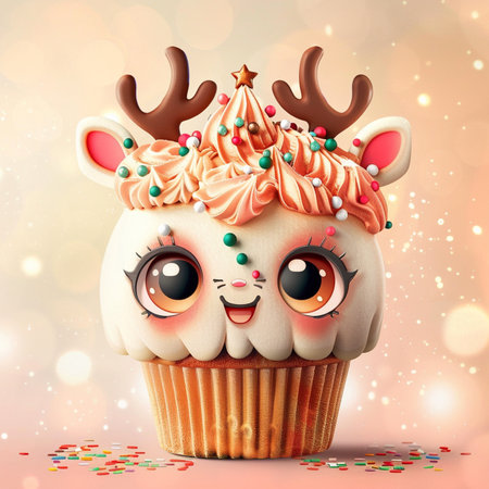 Cupcake with funny face and antlers. 3d illustrationの素材