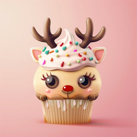 Cute Christmas cupcake with reindeer face. Vector illustration.の素材