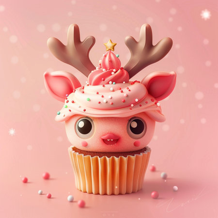 Cupcake with cute reindeer on pink background, 3d illustrationの素材