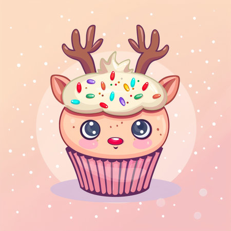 Cute cartoon christmas cupcake with deer horns. Vector illustration.の素材