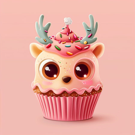 Christmas cupcake with funny cartoon deer. Vector illustration isolated on pink background.の素材