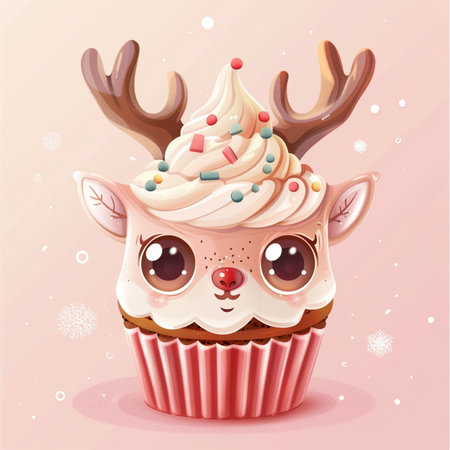 Cute cartoon christmas cupcake with deer horns vector illustration.の素材