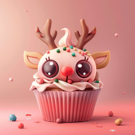 Cute Reindeer Cupcake 3D Render Illustration Designの素材