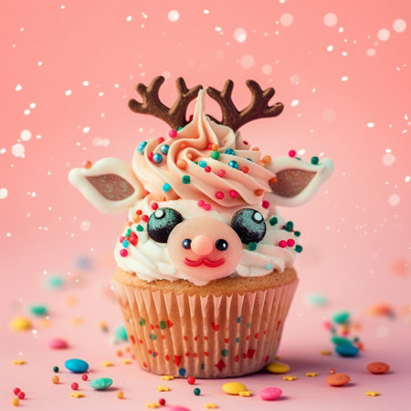 Cupcake with funny reindeer and colorful sprinkles on pink backgroundの素材