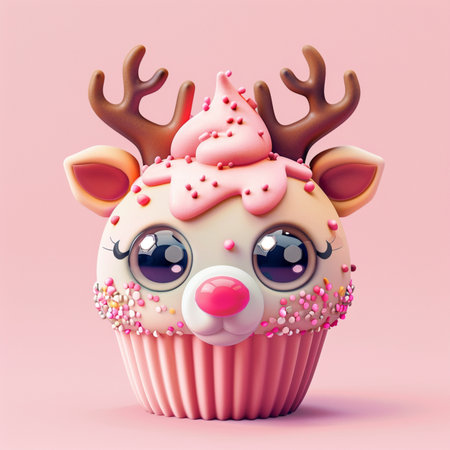 Cute cartoon christmas cupcake with deer horns and sprinkles, 3d illustrationの素材
