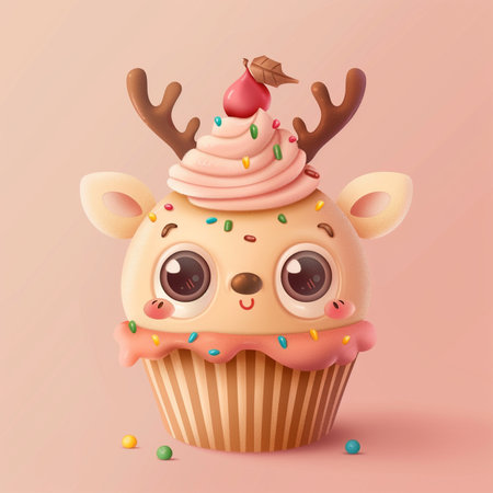 Cupcake with cute reindeer face. Vector illustration.の素材