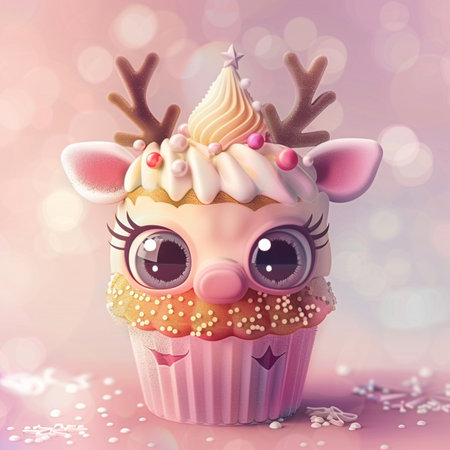 Cupcake with deer horns and snowflakes on pink backgroundの素材