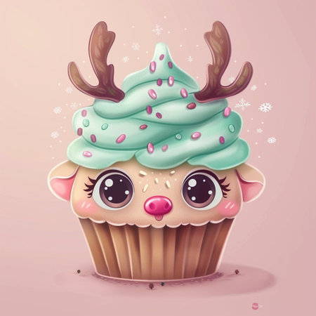 Cute cartoon christmas cupcake with deer horns. Vector illustration.の素材