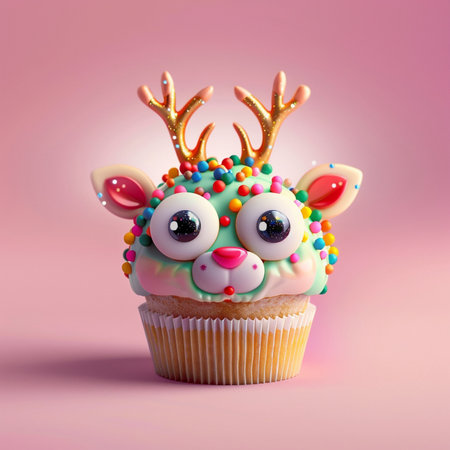 Cupcake with funny reindeer face, 3d illustrationの素材