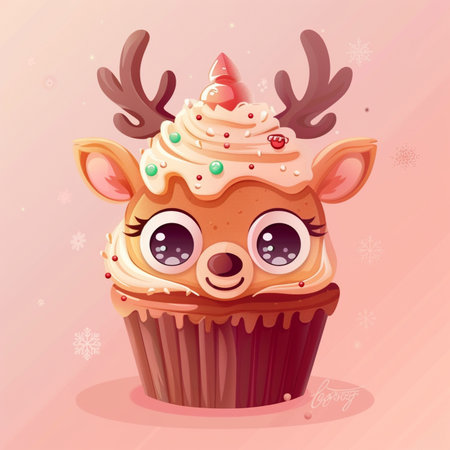Cute cartoon christmas cupcake with deer face. Vector illustrationの素材