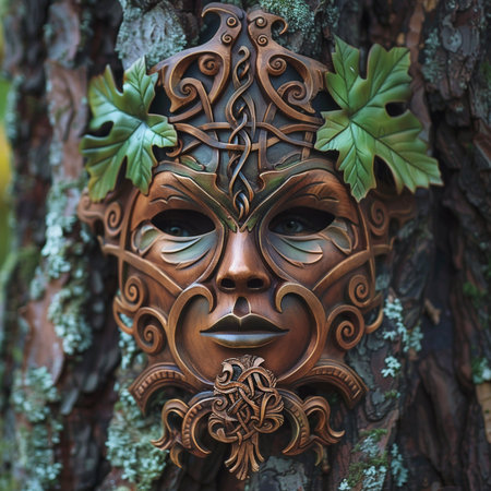 Wooden mask on the shoulder of a tree in the forest.の素材