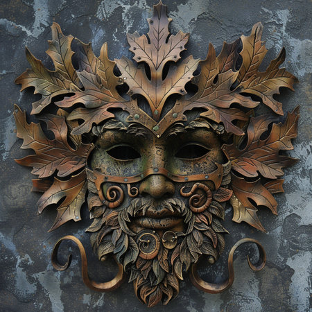 Vintage carnival mask with oak leaves on grunge background.の素材