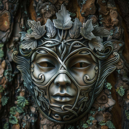 Venetian mask on the trunk of a tree, close upの素材