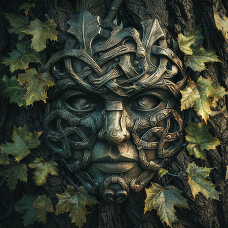 Viking mask on the tree, close-up. Halloween concept.の素材