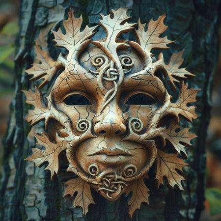 Wooden mask on a tree in the forest. Halloween concept.の素材