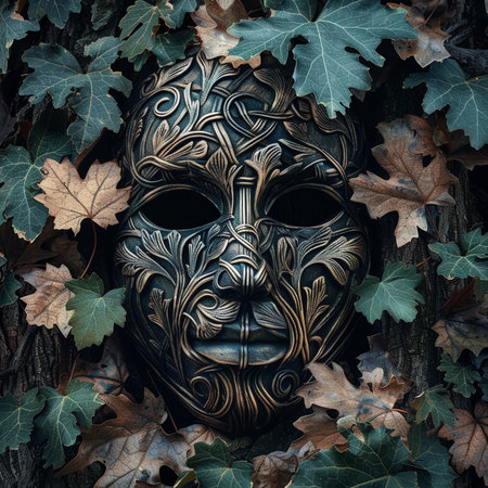 3d illustration of a fantasy mask with a lot of leaves.の素材
