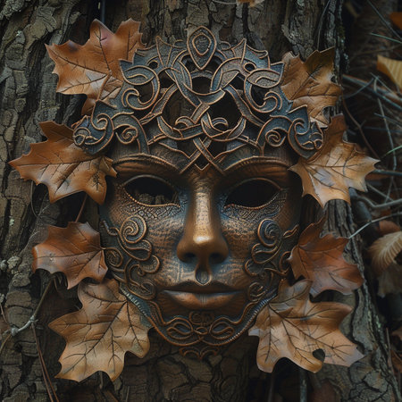 Wooden mask on a tree in the forest. Halloween concept.の素材