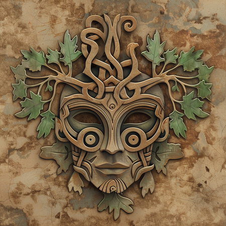 Tribal mask on the old paper background. 3d illustrationの素材