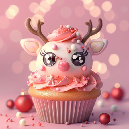 Cupcake with funny reindeer on pink background, 3d illustrationの素材