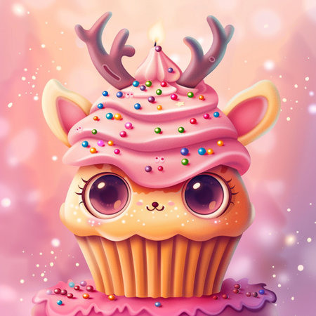 Cupcake with deer horn and pink icing. Vector illustration.の素材