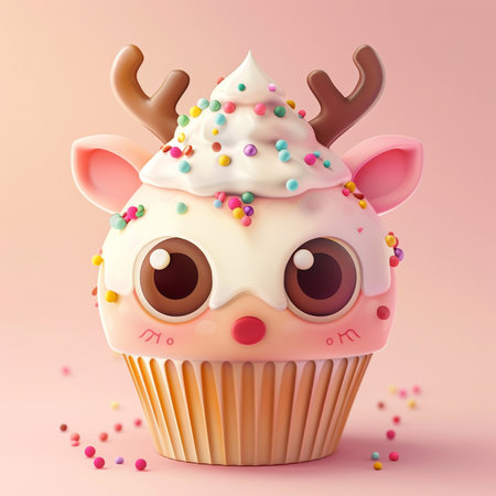 Cupcake with eyes, nose and horns. 3d illustrationの素材