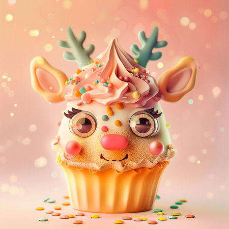 Funny cupcake with funny face, 3d illustration. Festival conceptの素材