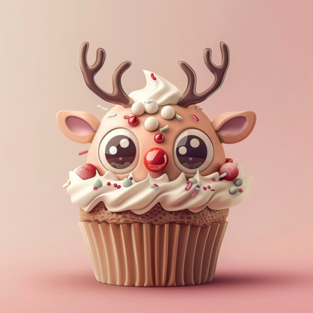Cute Christmas cupcake with funny deer face. 3d illustrationの素材