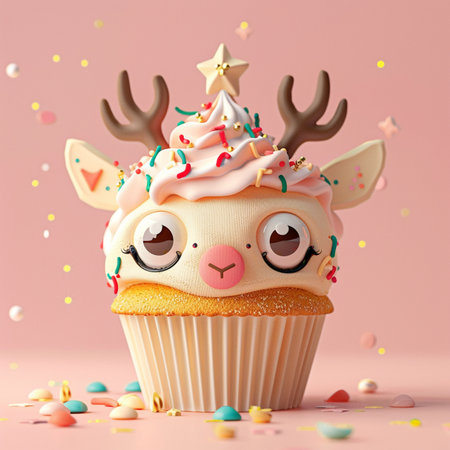 Cupcake with funny deer horns and sprinkles on pink backgroundの素材