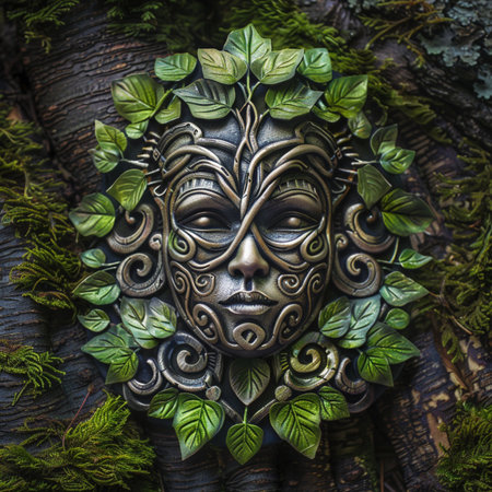 The face of a woman in a mask with green leaves on a treeの素材