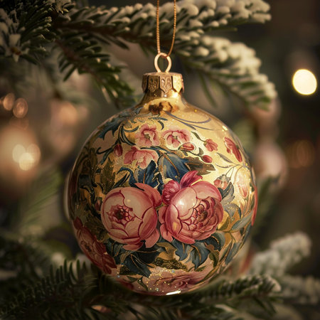 Vintage christmas ball on fir tree branch with bokeh backgroundの素材