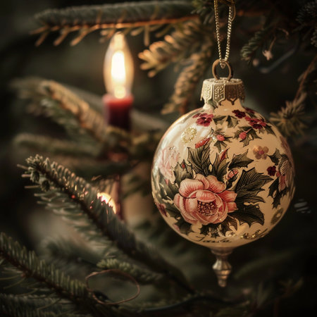 Vintage Christmas tree decoration with burning candle. Selective focus.の素材