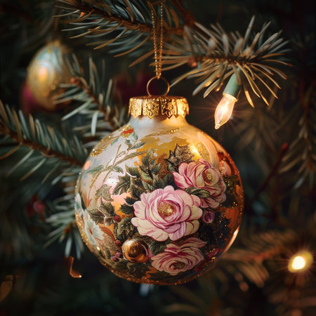 Christmas tree decorated with golden baubles, lights and flowers.の素材