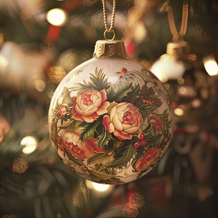 Vintage Christmas bauble hanging on Christmas tree with bokeh backgroundの素材