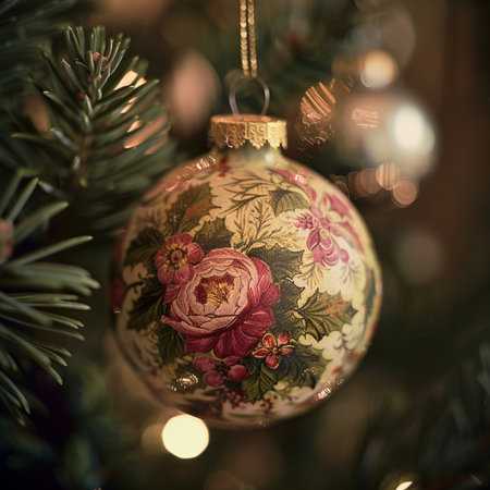 Christmas ball on a branch of a Christmas tree with bokehの素材