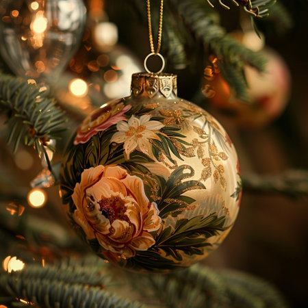 Christmas tree decoration with golden balls and ornaments on blurred backgroundの素材