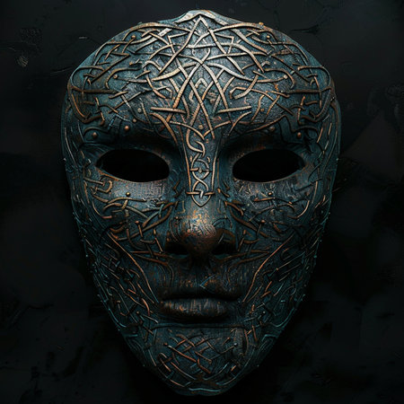 Metal mask with ornament on a dark background. 3d illustration.の素材