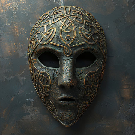 Metal mask with ornament on textured background. 3d illustration.の素材