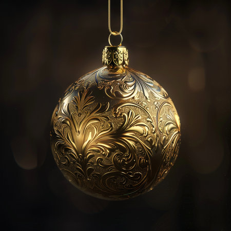 Golden christmas ball on a dark background. 3d illustration.の素材